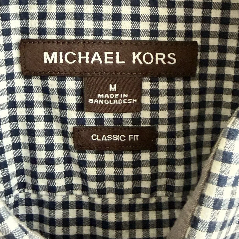 Michael Kors Mens Gingham Short Sleeve Button Down Shirt Size M Navy White